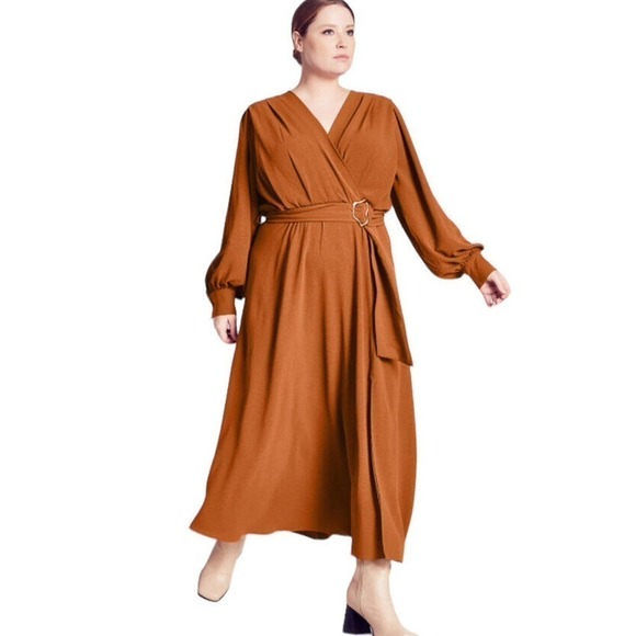 Refinity City Chic Ellie Maxi Dress Size XXL/24 Faux Wrap Brown Long Sleeve Fall - Picture 2 of 16